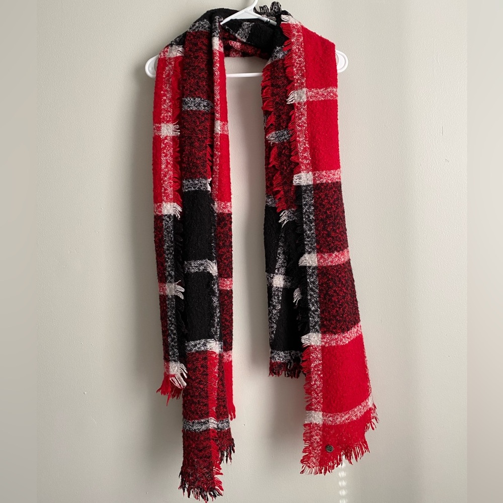 Express Red & Black Plaid Blanket Scarf Fringe Edge